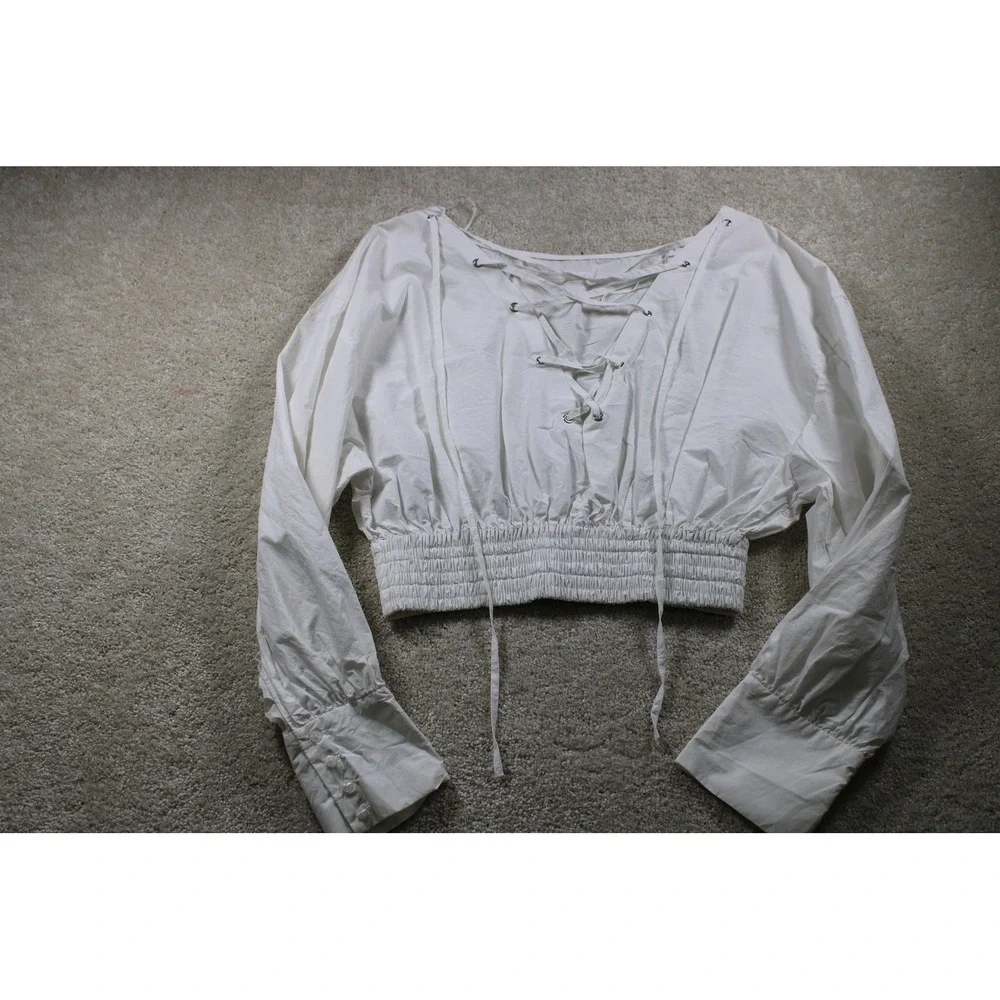 Zara Trafaluc Collection‎ Womens M White Lace Up Smocked Cotton Top Peasant Boho
